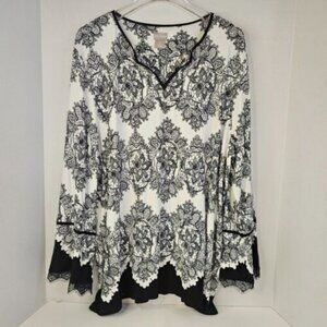 Chico's White Black Floral Printed Blouse Women Long Bell Sleeve Top Size 3